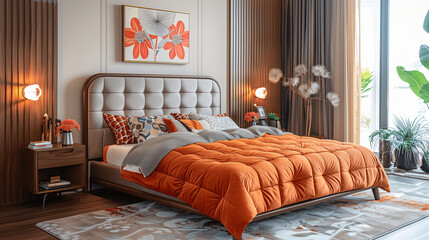 Modern Bedroom Interior with Orange Bedding and Decorative Plants