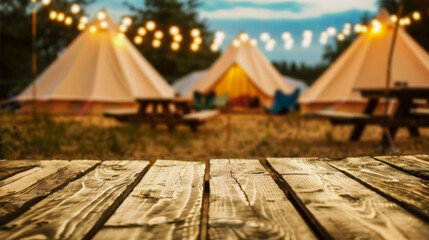 A wooden table overlooking the tents and several picnic tables. The tents are illuminated with lights, creating a warm and cozy atmosphere. Camping concept.