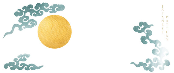 Japanese background with hand drawn wave gold texture vector. Hand drawn wave chinese cloud decorations in vintage style. Crane birds element with art abstract banner design.