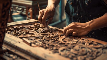 Obraz premium Create a hyper-realistic image of a traditional craftsperson working on a piece of intricate hand-carved wood furniture