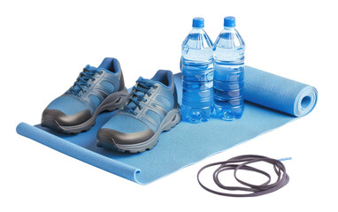 Workout Essentials: Mat, Water Bottle, and Shoes isolated on transparent Background