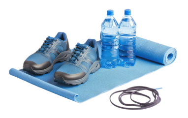Workout Essentials: Mat, Water Bottle, and Shoes isolated on transparent Background