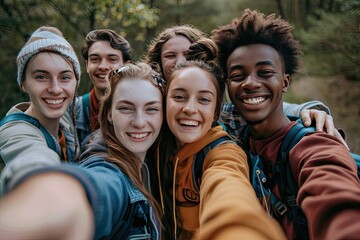 A group of friends capturing a joyous selfie with laughter and genuine smiles - obrazy, fototapety, plakaty