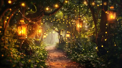 A magical forest path lit by glowing lanterns symbolizing the journey to finding happiness