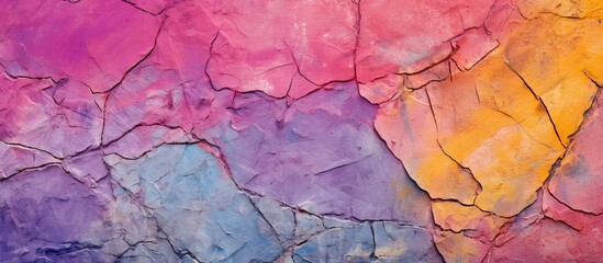 A vibrant close up of a colorful painting featuring shades of water, purple, pink, violet, magenta, and electric blue. The art displays a unique pattern inspired by plant life in visual arts