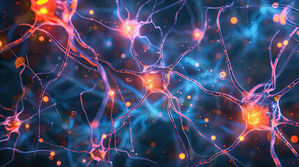 Close up active nerve cells. Human brain stimulation or activity with neurons, level of mind, intellectual achievements, possibility of people's intelligence, development of mental abilities concept