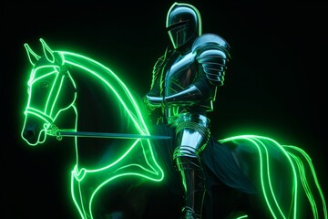 A knight riding into battle on a neon lit steed their sword blazing with otherworldly energytechnologysci fineon