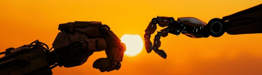 In the orange dusk a human and robot share a fist bump a symbol of peace between two intelligences