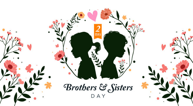 brothers and sisters day, may 2. illustration of the silhouette of a boy and girl with floral ornaments. Design for national day celebration. silhouettes of little boys and girls