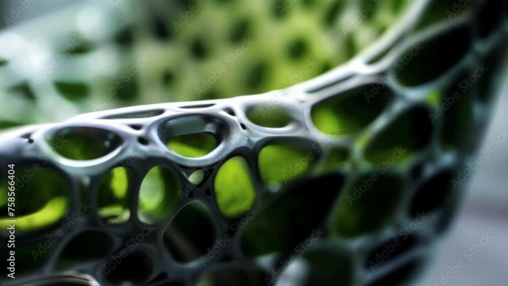 Poster a closeup of a sleek futuristic chair made entirely from algae. the unique pattern and texture of th