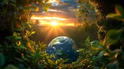 Obraz na płótnie Canvas Globe in the grass, setting sun, Earth day concept 
