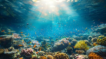 Naklejka na ściany i meble Coral reefs and fish, white light under the sea