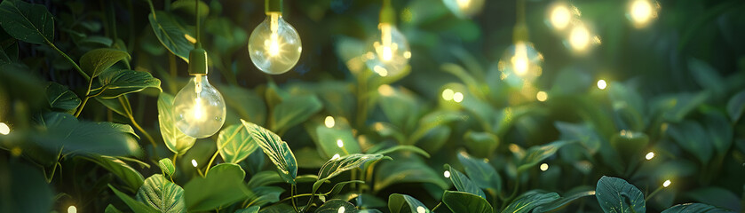 Bioluminescent bulbs set against leafy greens - obrazy, fototapety, plakaty