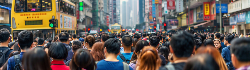 Many people in the crowd, back view of men and women walking to work or school on a City's street.
