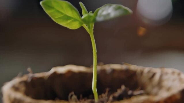 A macro image of a seedling growing out of a biodegradable bioplastic pot demonstrating how the use of bioplastics can support sustainable agriculture practices.