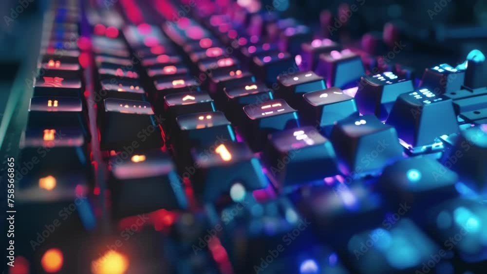 Poster a closeup of a mechanical keyboard with colorful backlit keys ready to be pressed in the heat of the