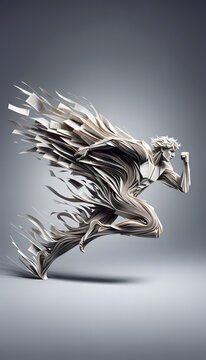 a figure of a man captured in the midst of intricate, dynamic motion, crafted entirely from the pages of books, with the paper artfully folded and carved to convey a sense of fluid movement