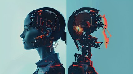 the poster split into 2 parts. poster split with human in left side. and poster split with Robotic AI in right side. on minimal background. generative AI