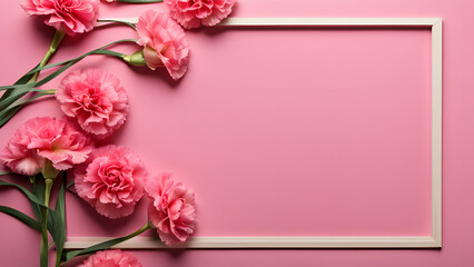 Carnation pink background with frame, suitable for Mother's Day, International Women's Day, and other similar celebrations. Space for text.