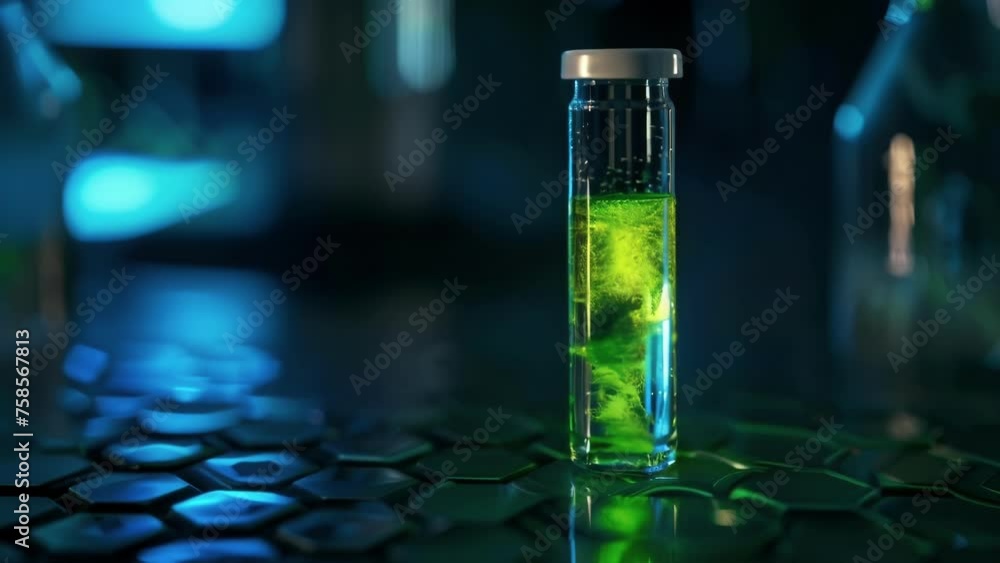 Poster a macro shot of a tiny glass vial filled with a glowing green liquid labeled exotic material. this s
