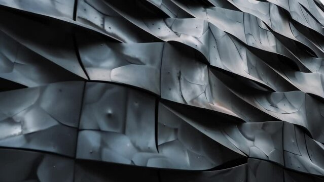 A closeup of a fa ade made of panels of adaptive material that reacts to changes in temperature and moisture levels making the building appear alive and constantly evolving.