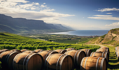 Wine barrels against the backdrop of green vineyards.