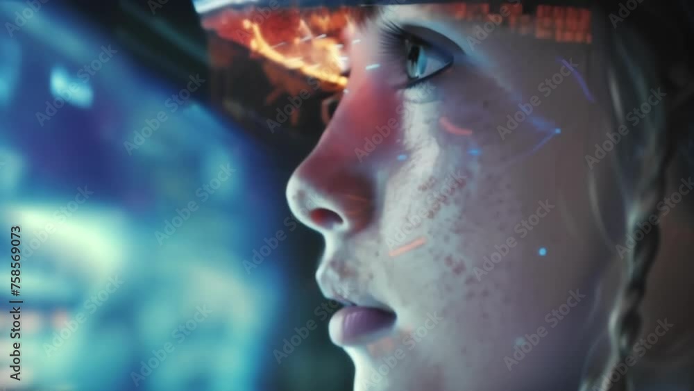 Poster a closeup of a teenage girls face wearing a vr headset with a computer monitor in the background. sh