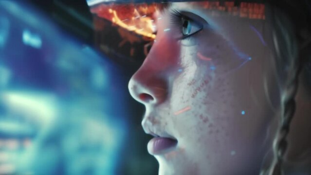 A closeup of a teenage girls face wearing a VR headset with a computer monitor in the background. She appears to be immersed in a virtual language learning lesson with words