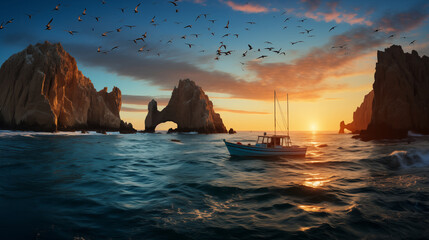 Galapagos Jewel: Kicker Rock's Dramatic Silhouette Against Turquoise Waters - obrazy, fototapety, plakaty