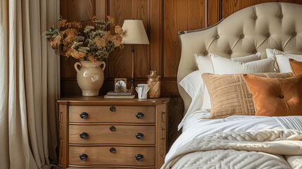 Elegant Bedroom Interior with Tufted Headboard and Wooden Nightstand