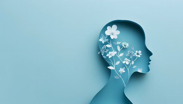  paper cut of woman's head with flowers on blue background, health day concept, generative ai