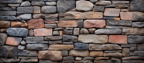 A detailed closeup showcasing a stone wall constructed with various types of rocks, creating a beautiful composite material with intricate textures and patterns