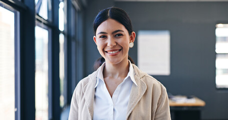 Portrait, smile and business woman in office with confidence, opportunity and professional...