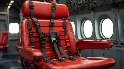 red seat with seatbelt for paratrooper or airborn forces in military transport aircraft cabin .Generative ai
