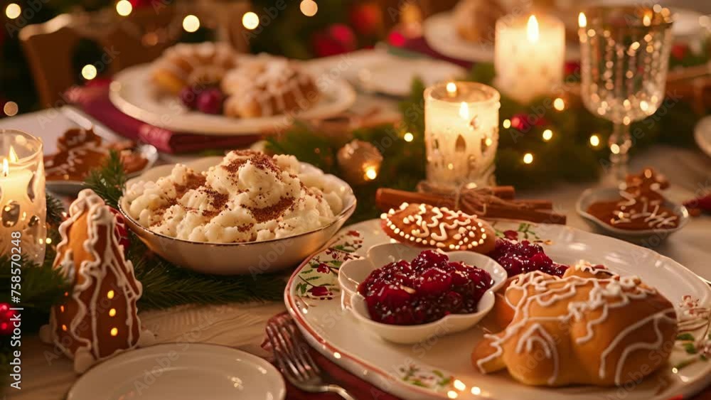 Poster a table set for a holiday feast complete with plates filled with turkey mashed potatoes and cranberr