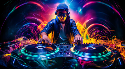 Energetic DJ in Action Capturing Dynamic Rhythm and Booming Sound of Club Music Scene