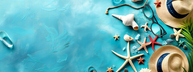 Beach Scene with Starfish, Seashells and Hat - obrazy, fototapety, plakaty