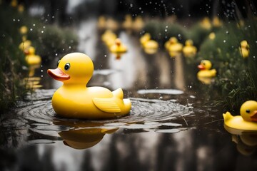 large yellow rubber duck floating in puddle