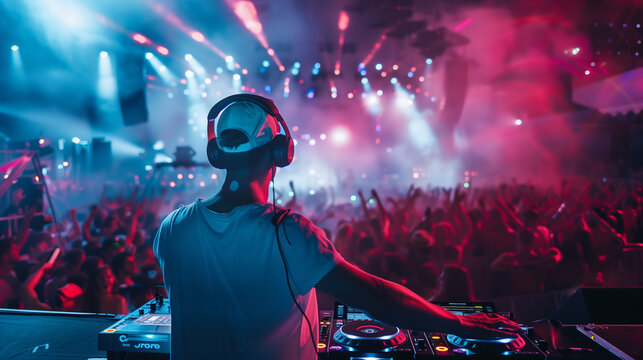 A DJ energetically mixes music on stage in front of a lively crowd at a concert, with colorful lights illuminating the scene. Copy space. Background.