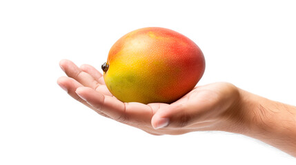 Hand Holding Ripe Juicy Mango - White Background