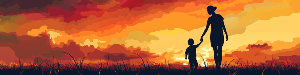 A silhouette of a woman and a child standing against a vibrant sunset, gentle art for Mother's Day. Copy space. Banner. Background.