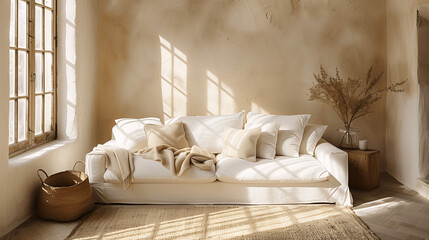 Cozy Sunlit Living Room Interior with Elegant White Couch
