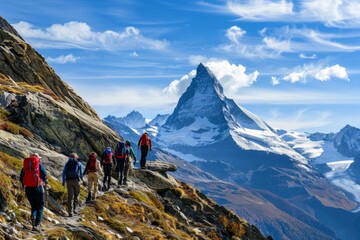 Group of mountain guides leading a group of hikers up a rugged trail to the summit of a majestic peak, with panoramic views of snow-capped mountains and alpine meadows, Generative AI - obrazy, fototapety, plakaty
