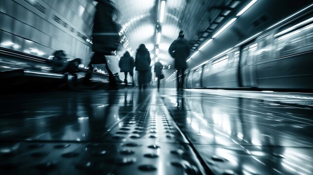 Captivating Blurred Motion Depicts the Arrival of a High-Speed Train at a Modern Urban Subway Station, Reflecting the Dynamic Pulse of City Life and Efficient Transportation Systems.