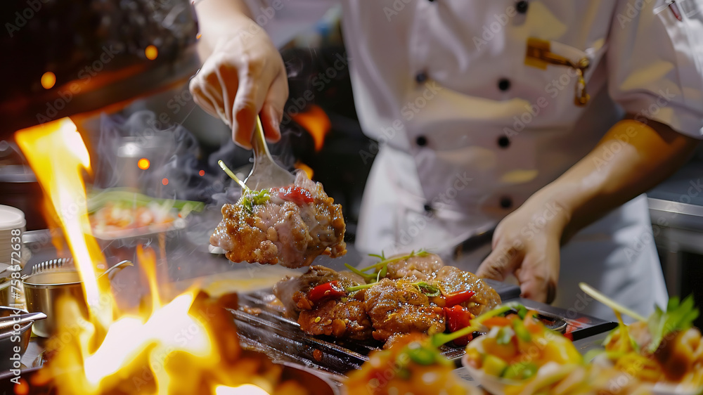 Wall mural close up of chef making delicious food in the restaurant kitchen, chef cooking in the kitchen, delicios foods in kitchen