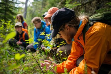 Group of outdoor educators leading a group of students on a wilderness expedition, teaching survival skills and environmental stewardship amidst pristine wilderness, Generative AI