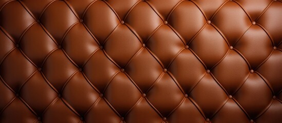 A macro photography shot showcasing the intricate pattern and texture of a brown leather couch with buttons, contrasting against electric blue metal or wood flooring