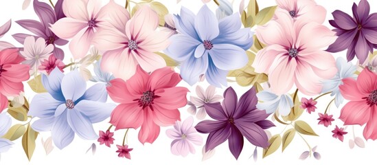 Fototapeta premium Seamless pattern of flowers in various colors on a white background. Designed for decorative use on various surfaces and items.