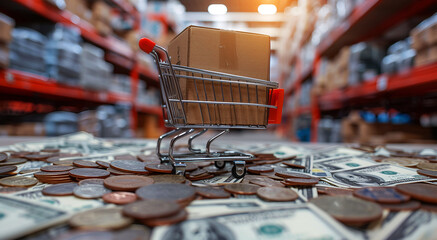 A shopping cart with a cardboard box inside atop piles of coins and dollar bills. Warehouse stock background.
Business ideas for selling products and making profits