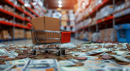 A shopping cart with a cardboard box inside atop piles of coins and dollar bills. Warehouse stock background.
Business ideas for selling products and making profits